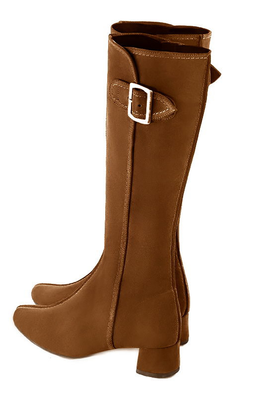 Caramel brown women's knee-high boots with buckles. Round toe. Low flare heels. Made to measure. Rear view - Florence KOOIJMAN